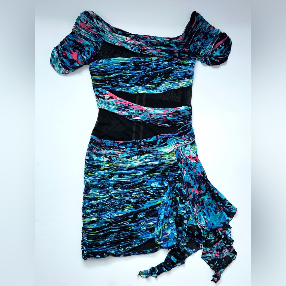 BCBG MaxAzria Runway Dutch Blue Print Jersey‎ Mesh Cap Sleeve Bodycon Dress M - Picture 2 of 16